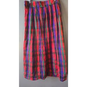 Vintage Talbots Silk Midi Skirt - Red Multicolor Plaid, Size Large